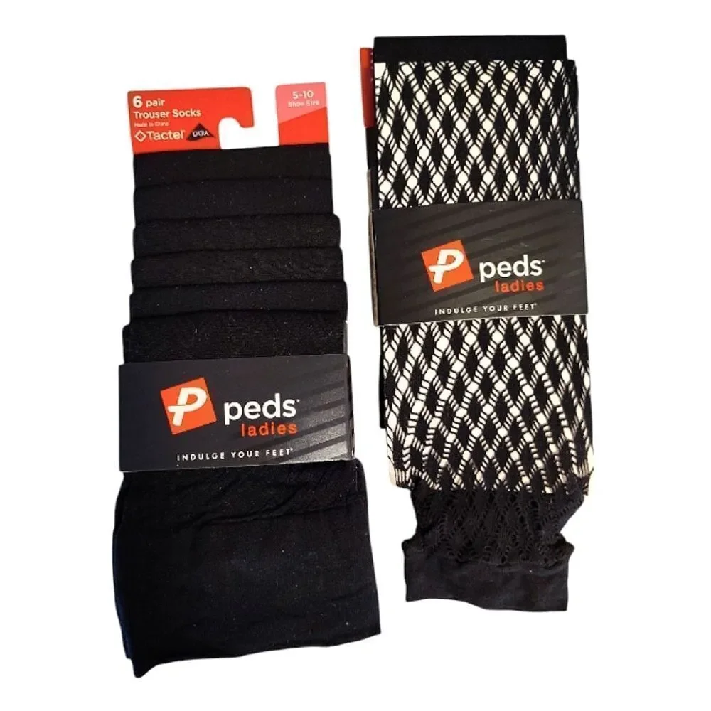 PEDS 8 Pairs Black Fishnet and Solid Black Trouser‎ Socks Women's Size 5- 10 NWT